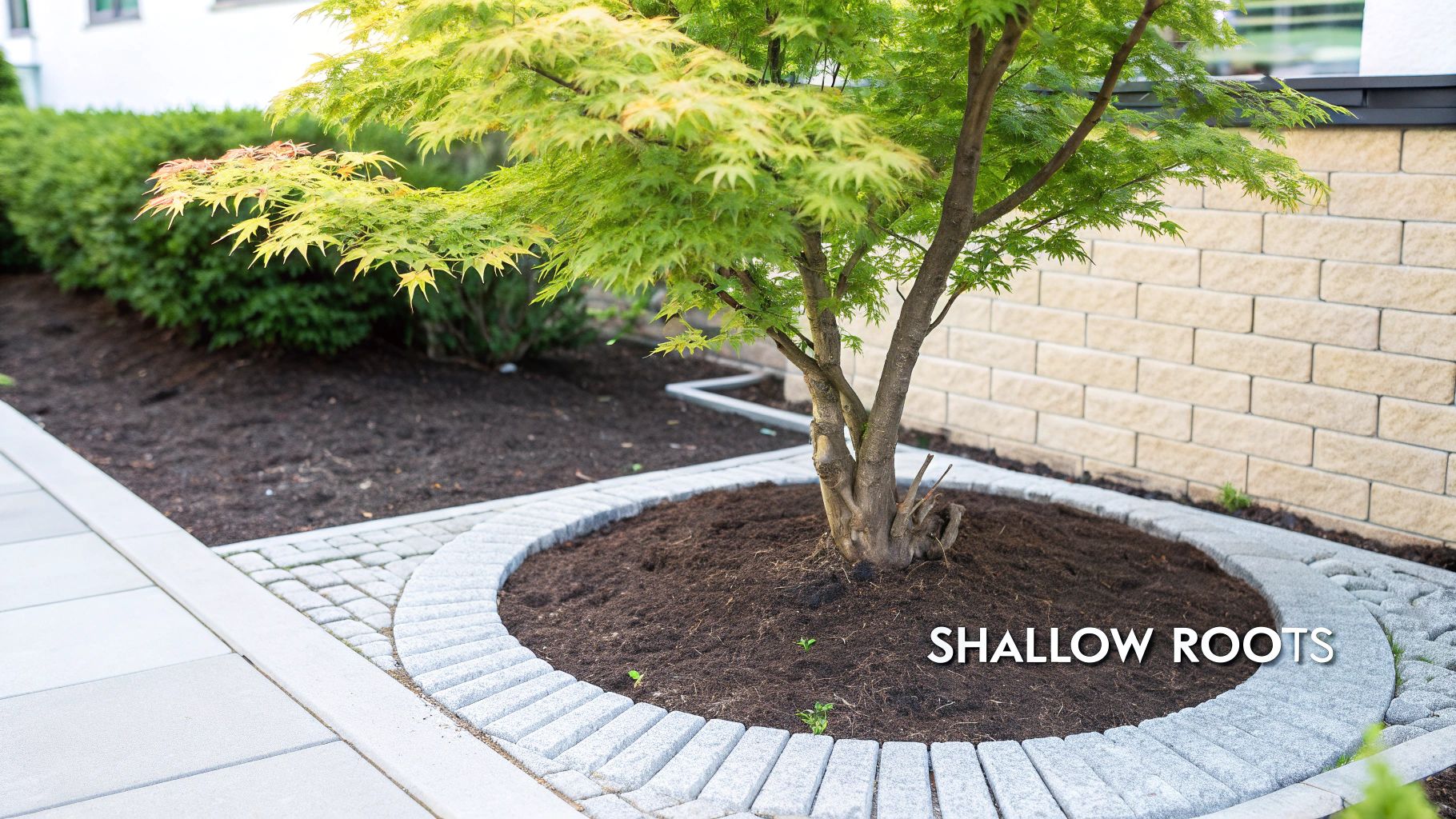 A Japanese maple tree with green leaves in a mulched garden bed, bordered by stone pavers.