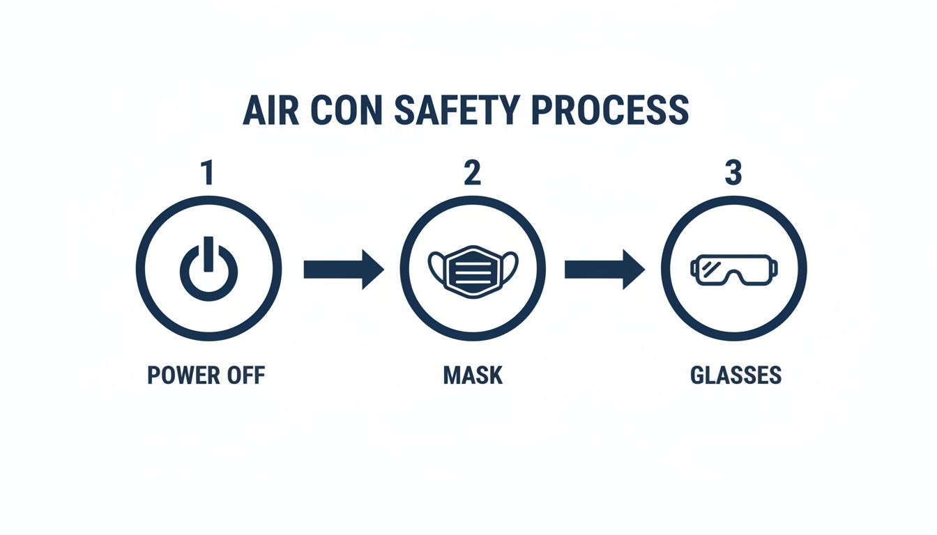 Infographic showing air conditioning safety steps: power off, wear a mask, and wear glasses.