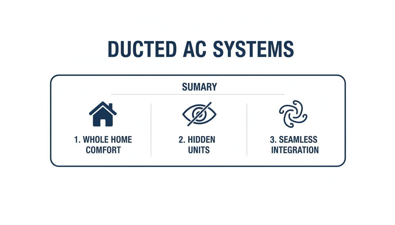 Infographic summarizing ducted AC systems benefits: whole home comfort, hidden units, and seamless integration.