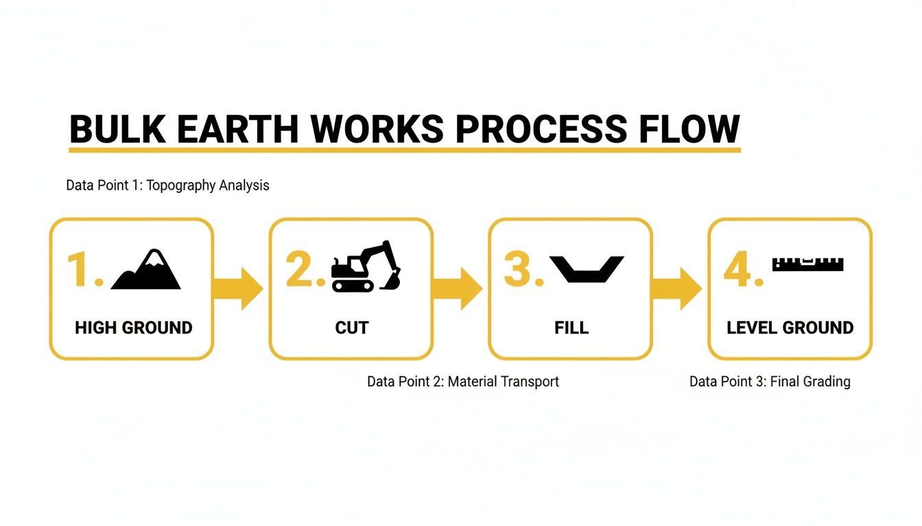 A sequential diagram illustrating the four-step bulk earthworks process: topography, cut, fill, and grading.