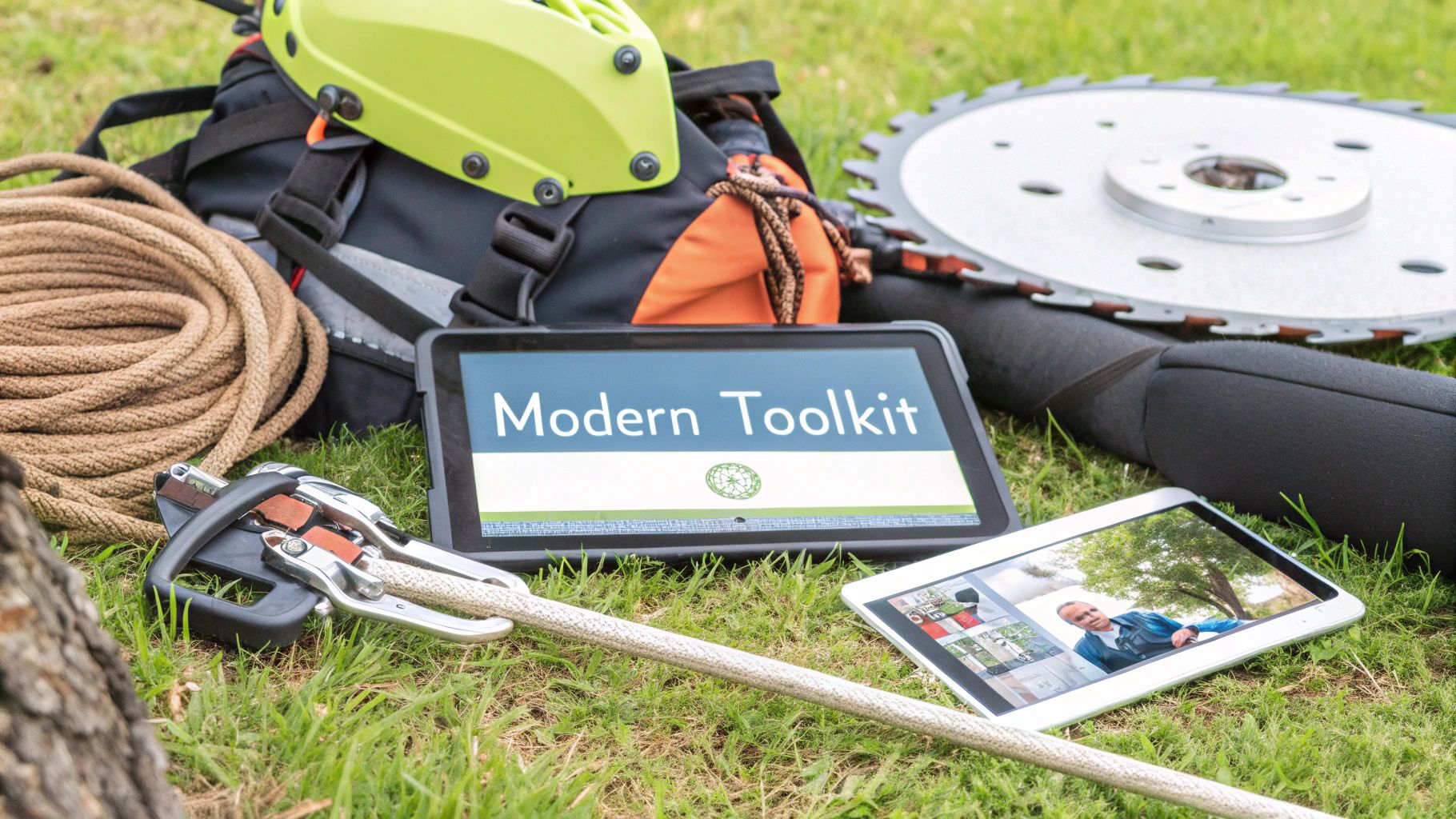 Arborist tools, including ropes, helmet, climbing gear, saw blade, and tablets, laid on green grass.
