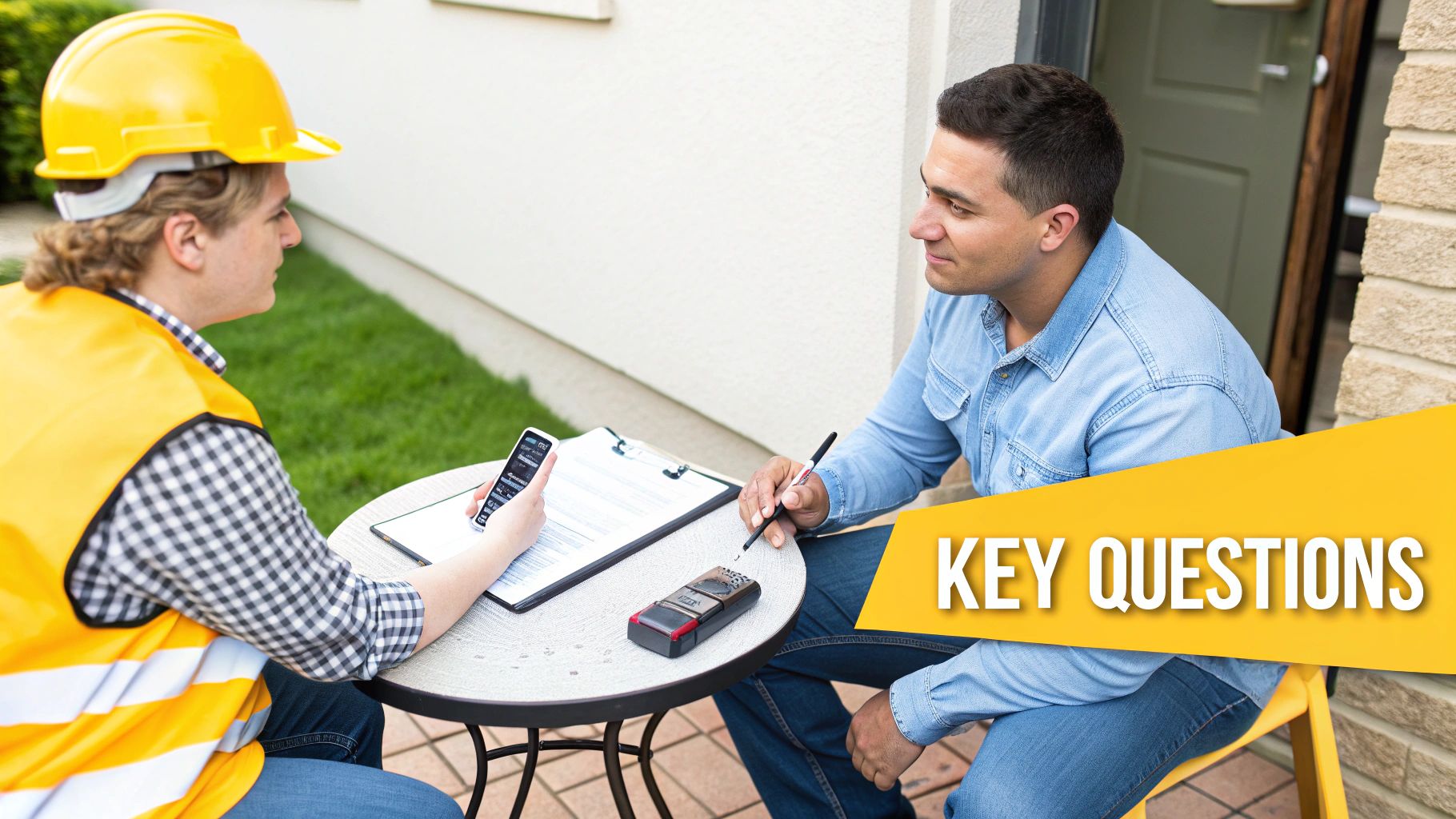 A contractor and a client discussing plans for a retaining wall on a residential property.