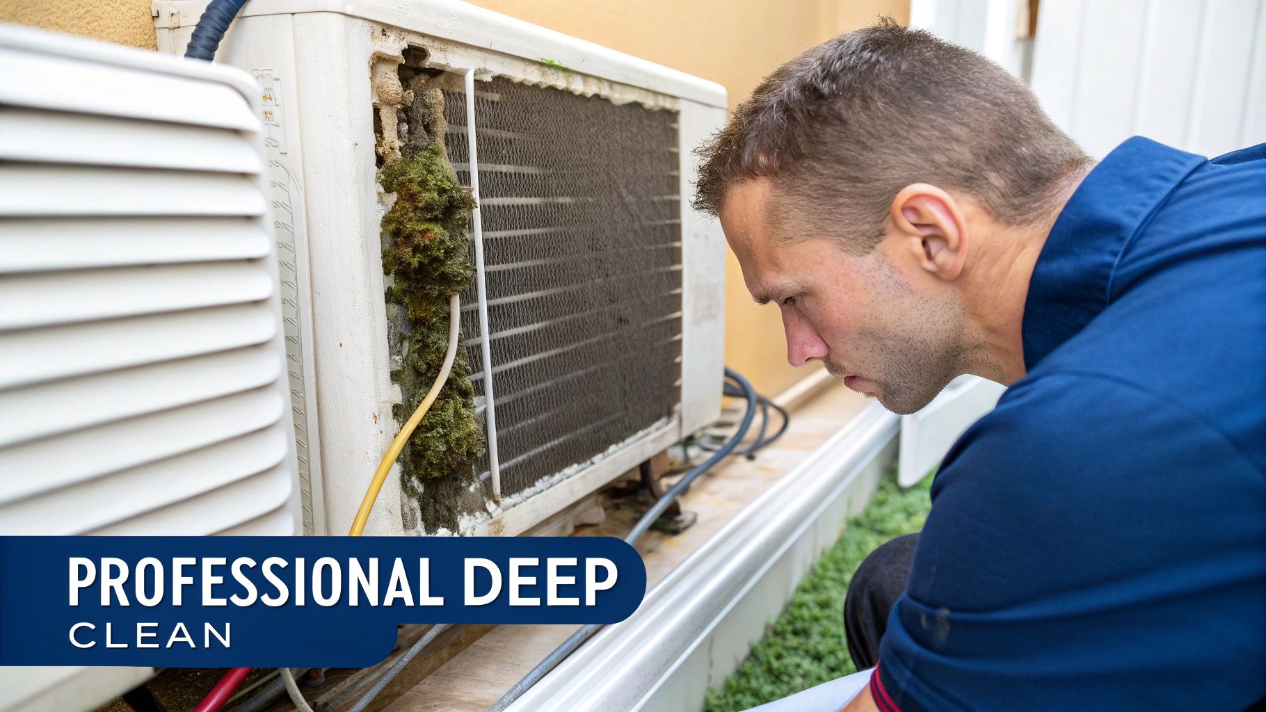 A technician inspects a heavily corroded and moss-covered outdoor split system air conditioning unit requiring a professional deep clean.