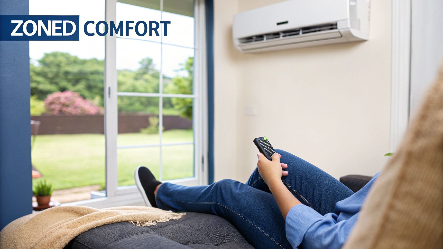 A person relaxing on a sofa, using a remote to adjust a multi-split air conditioner, enjoying zoned comfort.