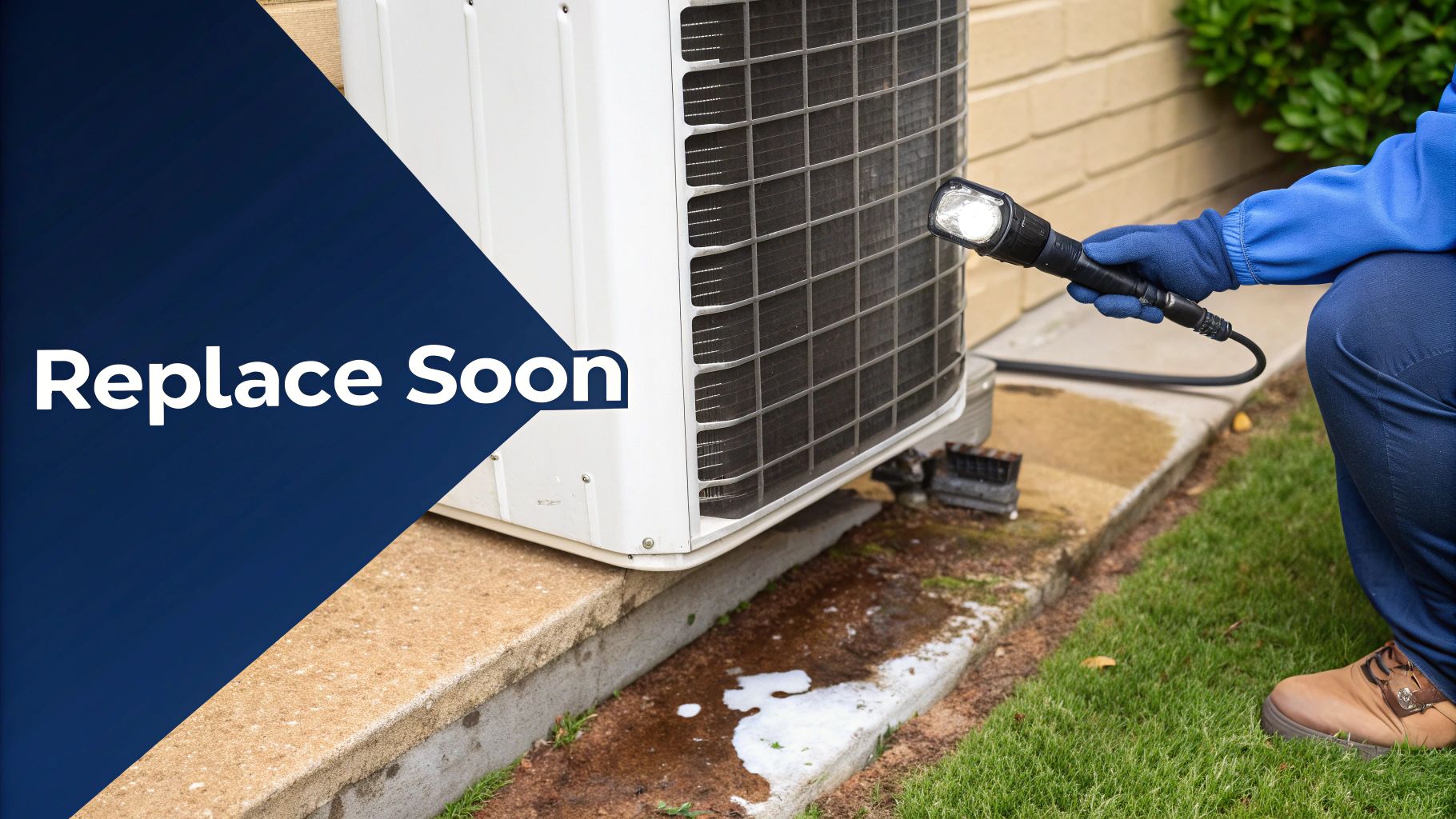 A technician inspecting the outdoor unit of a split system air conditioner, looking for signs of wear and tear.