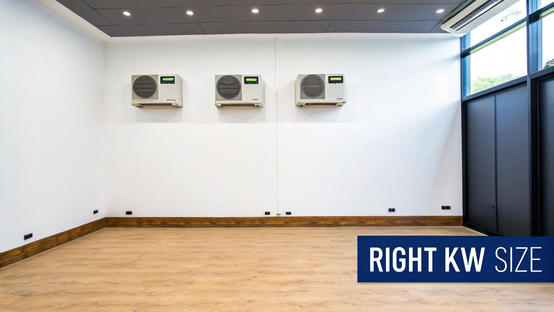 Three split system air conditioners mounted on a white wall in an empty room with wooden floor.