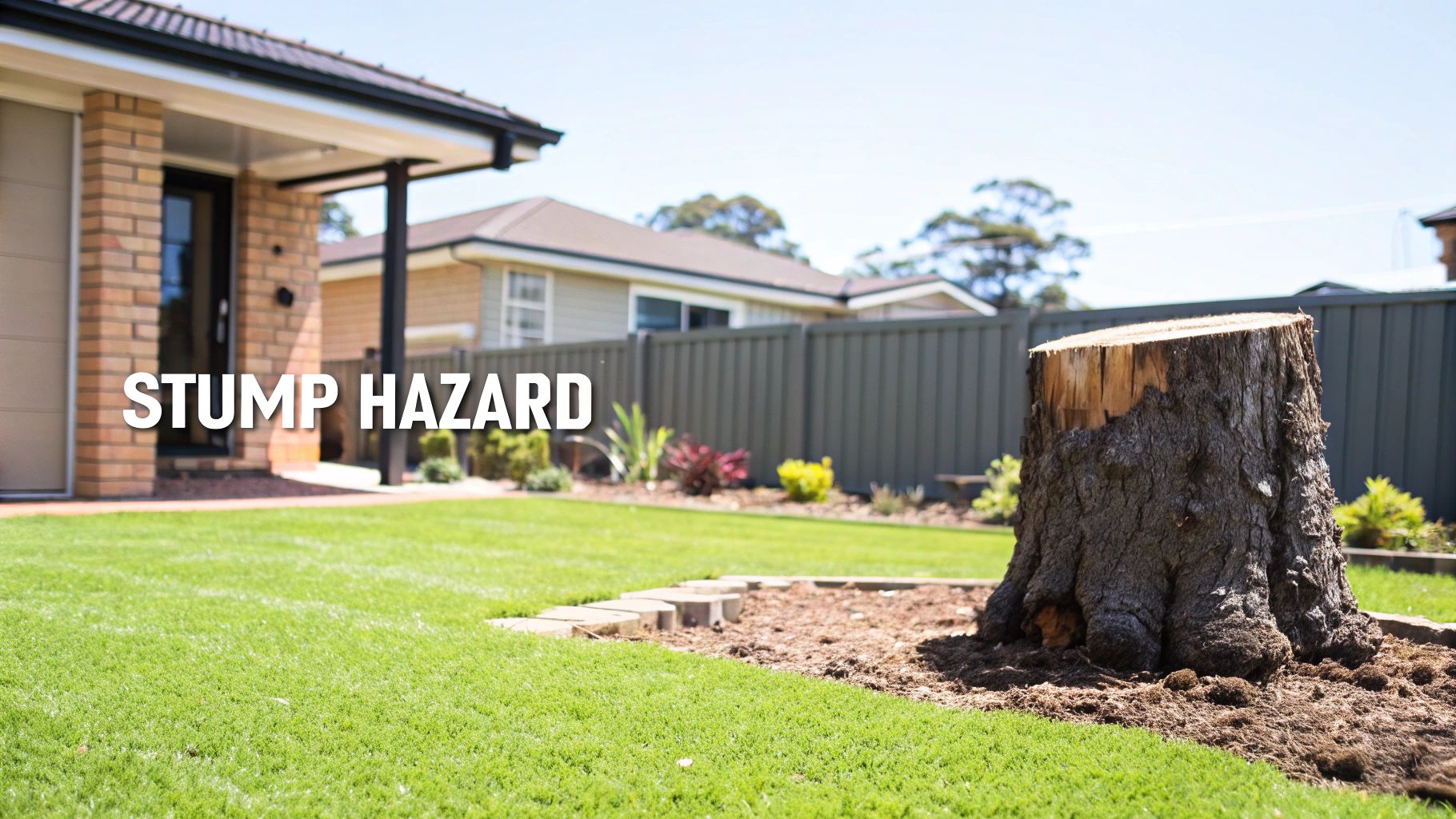 A large tree stump in a lush green backyard, with a house and fence in the background, labeled "STUMP HAZARD".