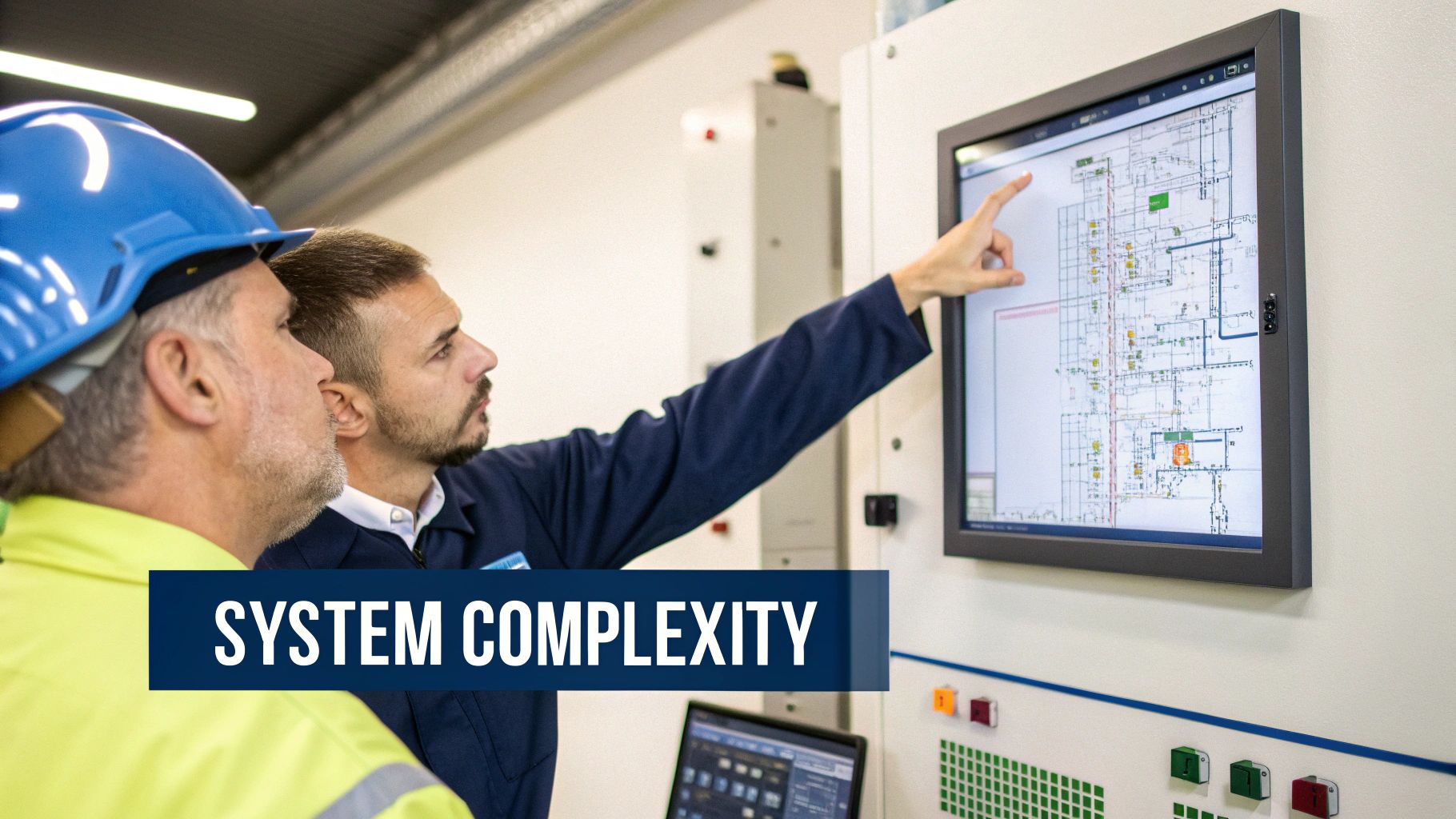 Two engineers in a control room discuss a complex system diagram displayed on a large screen.
