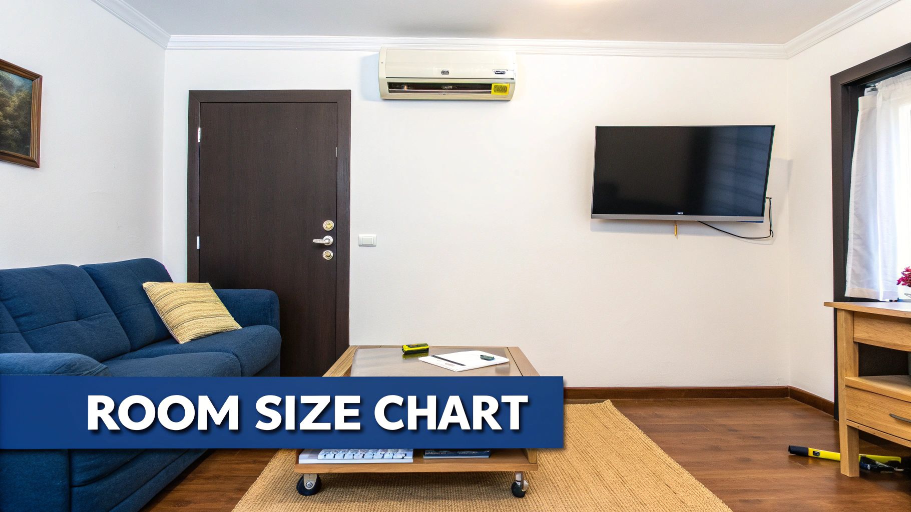 A cozy living room with a blue sofa, coffee table, wall-mounted TV, and an air conditioner.