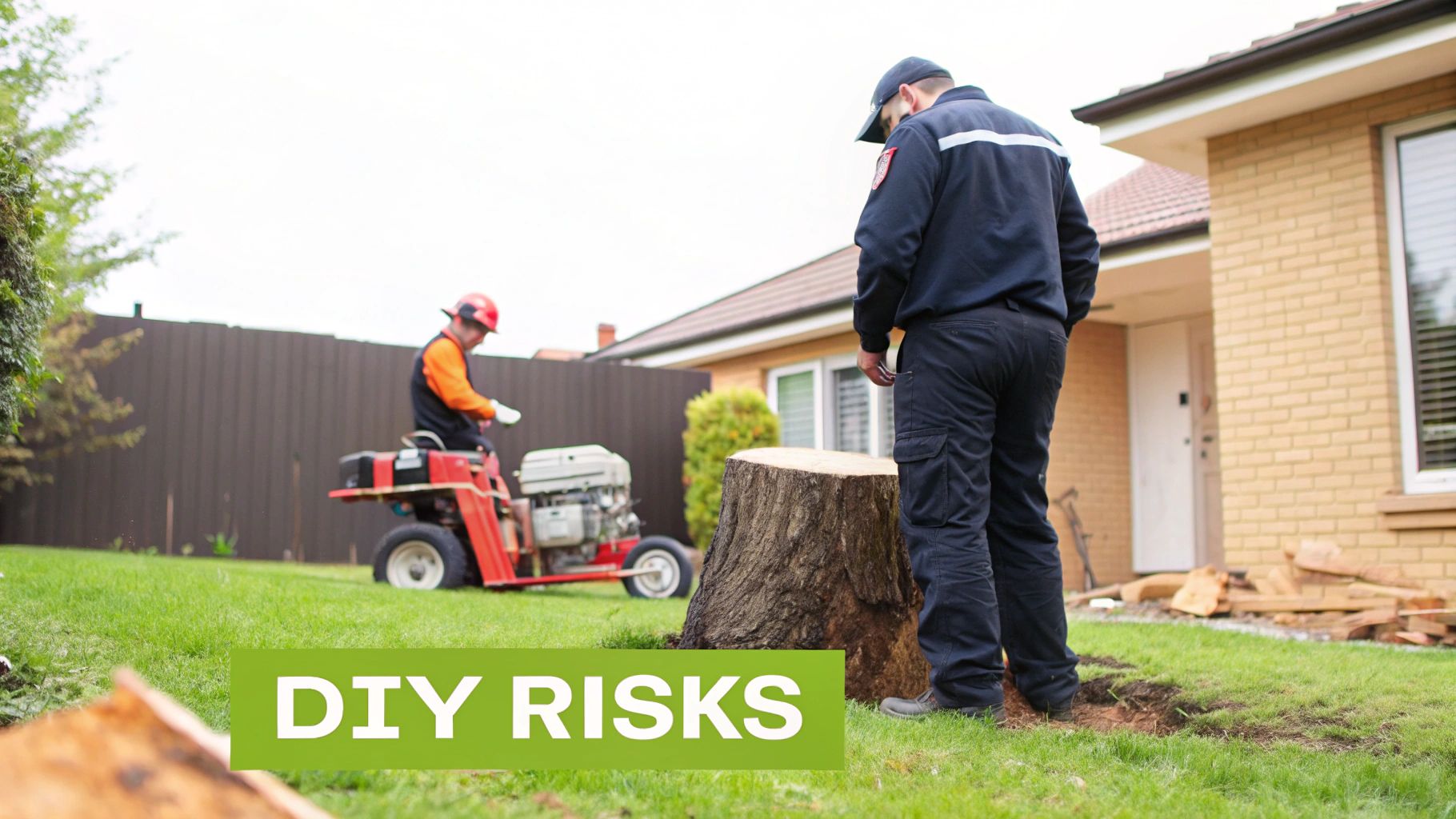 A professional examines a large tree stump while another person operates a stump grinder in a yard.