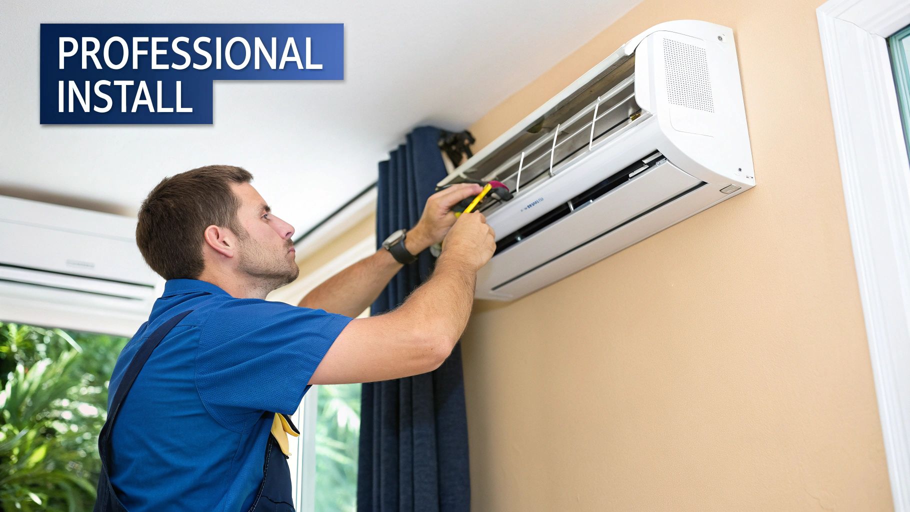 A licensed technician carefully installing an outdoor air conditioning unit.