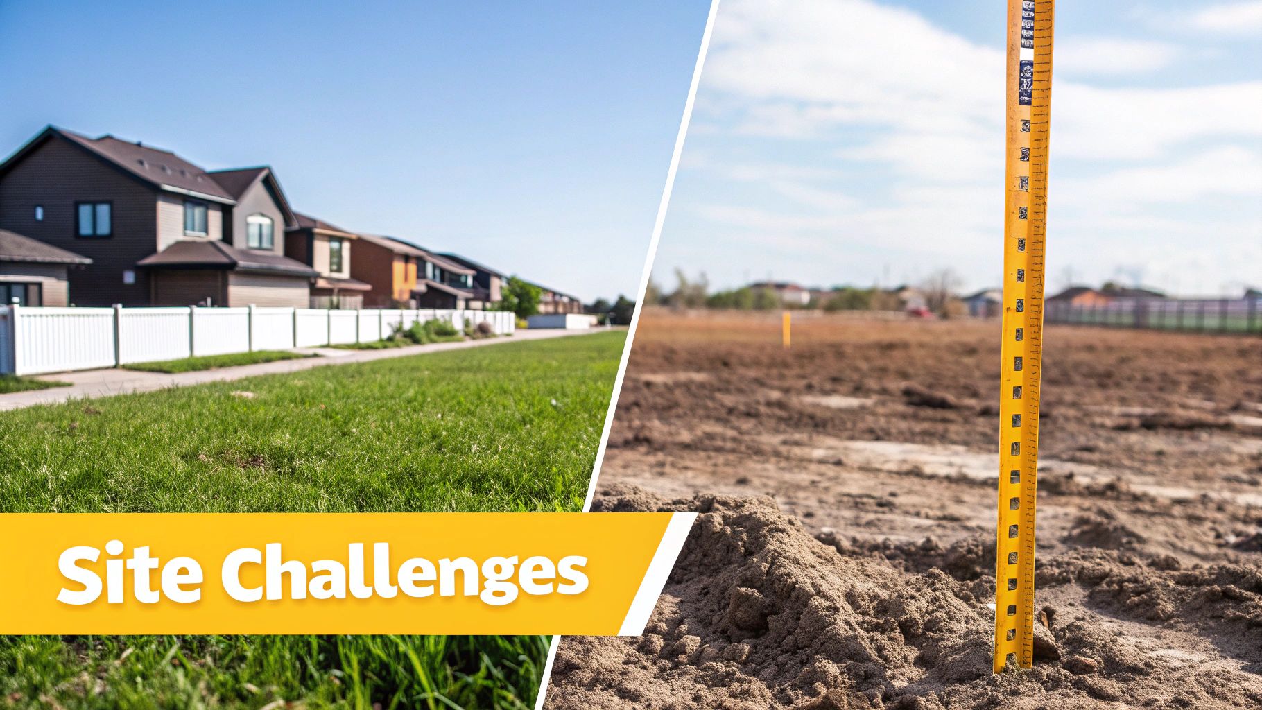 Split image showing residential homes and a construction site with a measuring rod, titled 'Site Challenges'.