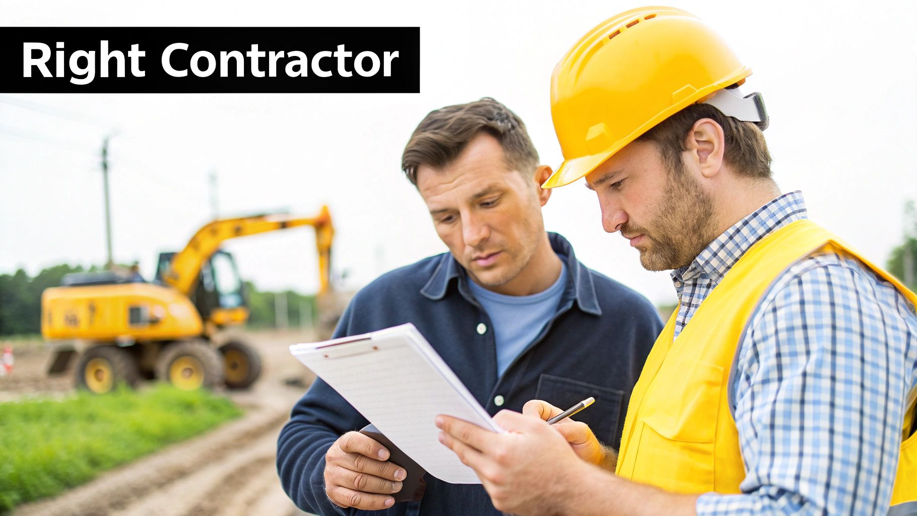 Two construction contractors review plans on a clipboard at a building site with an excavator.