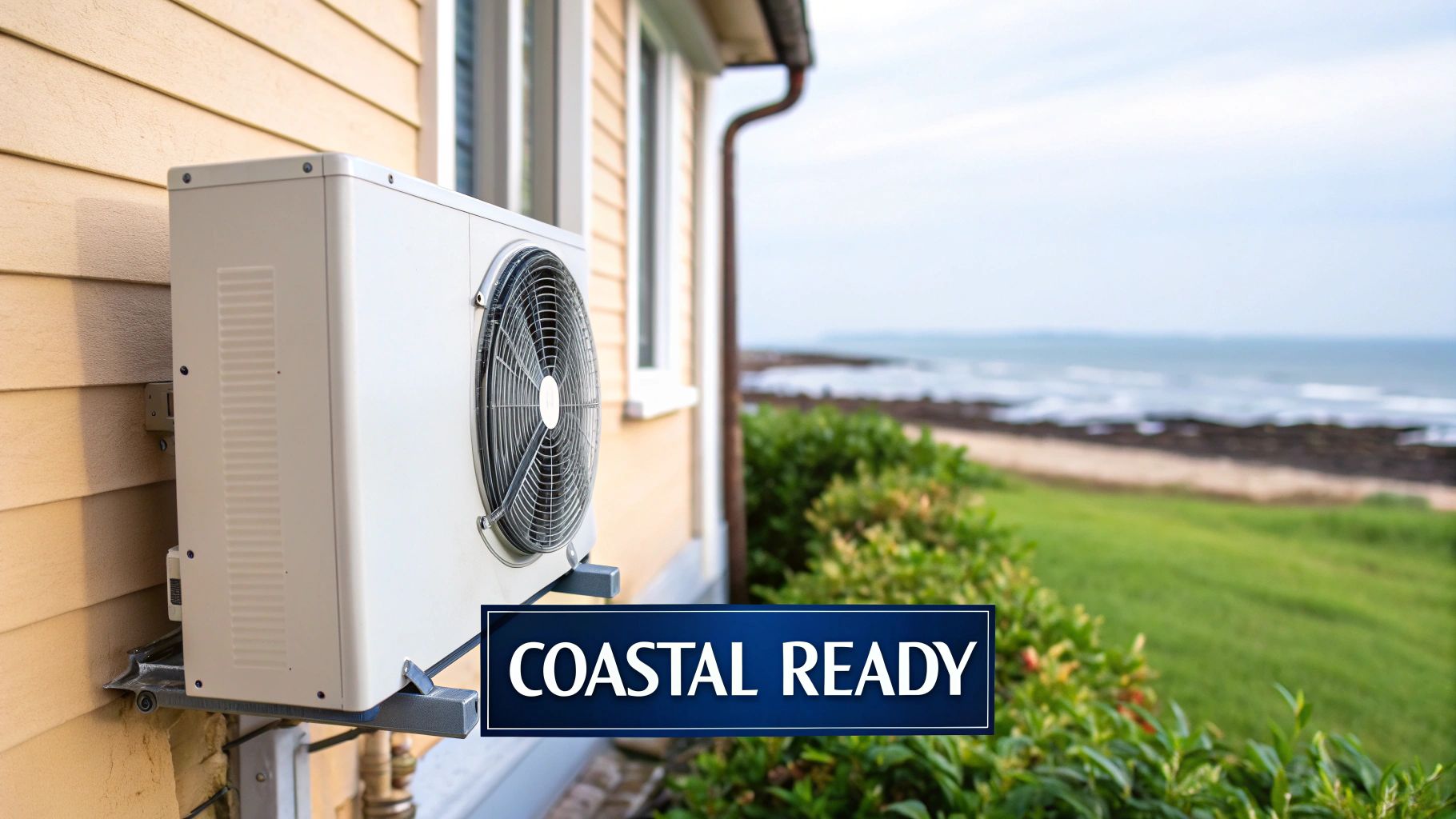 Outdoor air conditioner unit installed on a coastal home, overlooking the ocean.