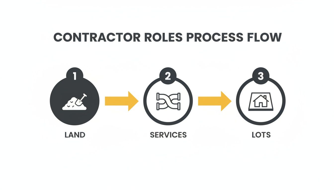 A contractor roles process flow diagram showing land development, services installation, and lots preparation.