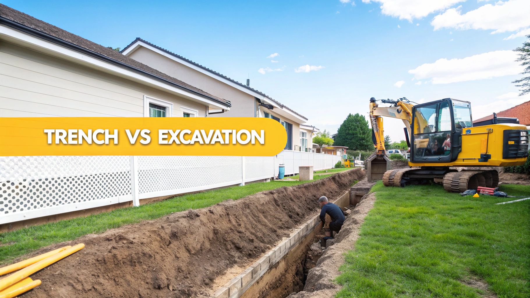 A construction worker is in a deep trench next to an excavator in a residential yard.