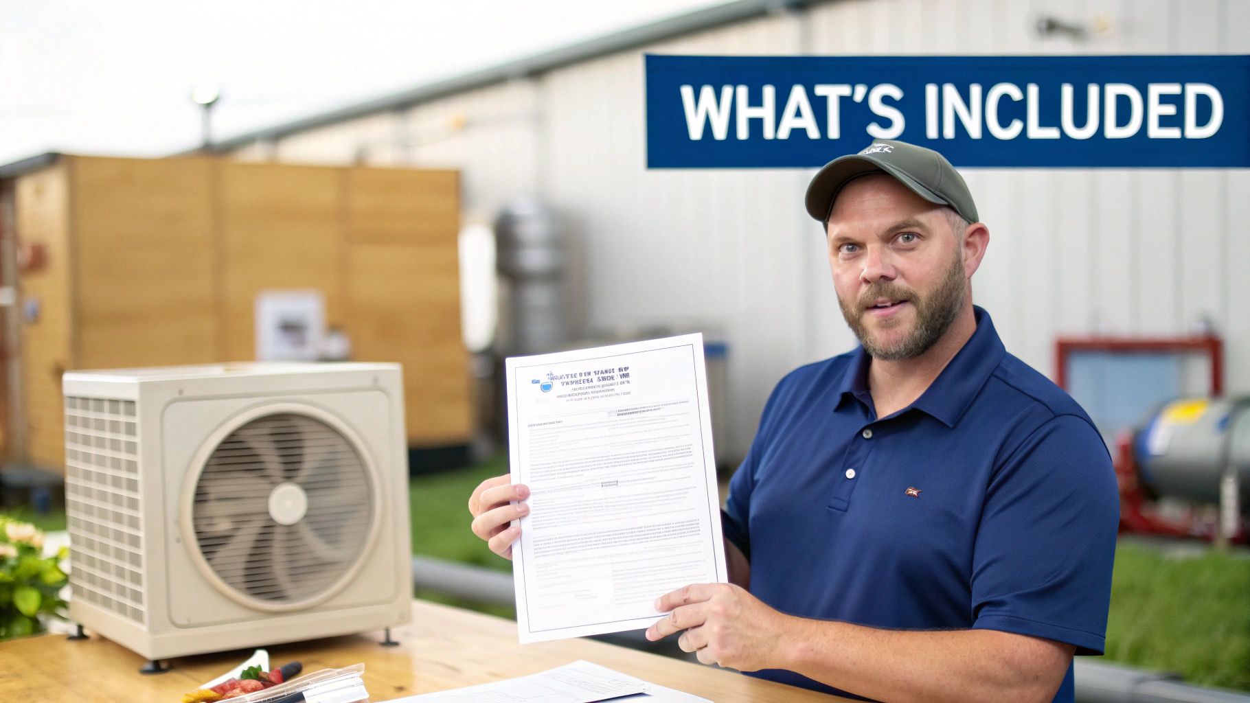 A man holds a document in front of an outdoor air conditioning unit and 'WHAT'S INCLUDED' banner.