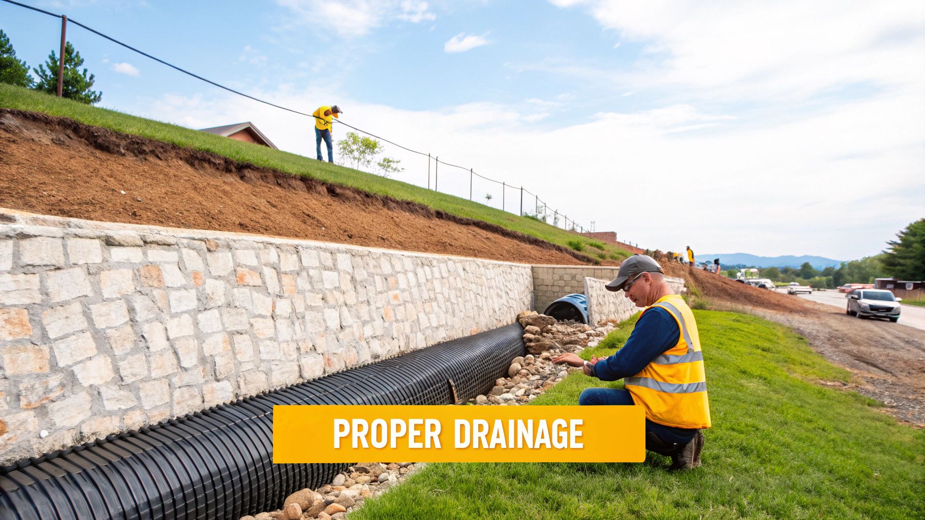 Workers installing a proper drainage system and a stone retaining wall on a grassy slope next to a road.