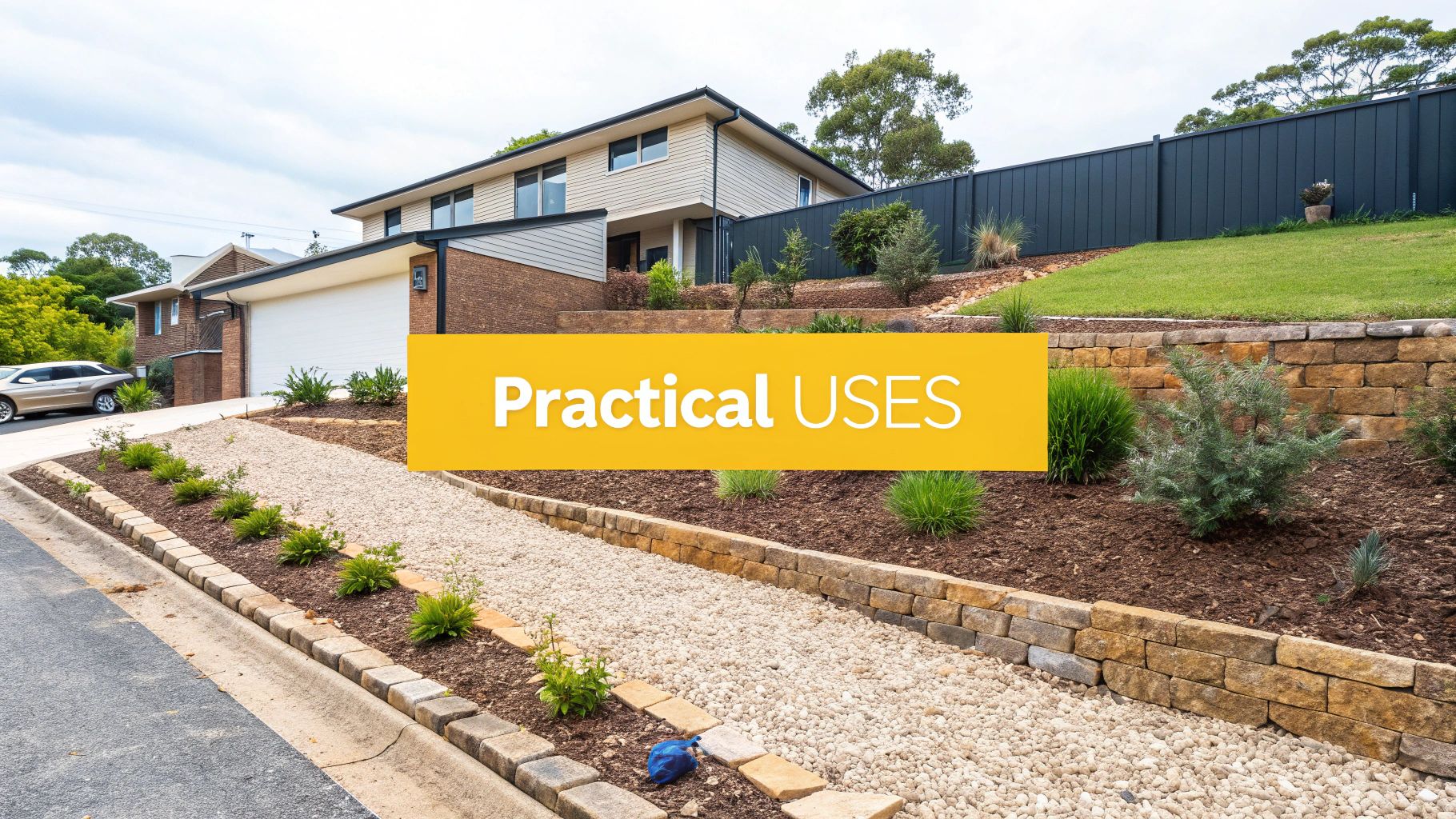 A newly landscaped area showing recycled rock used for garden beds and pathways.