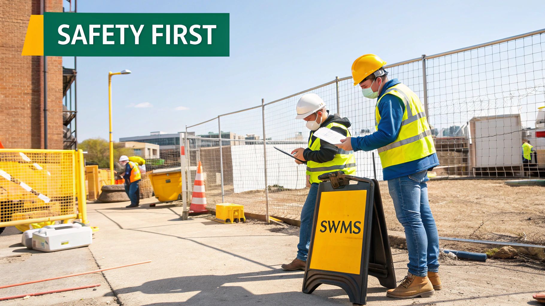 A demolition site with safety fencing and an excavator.
