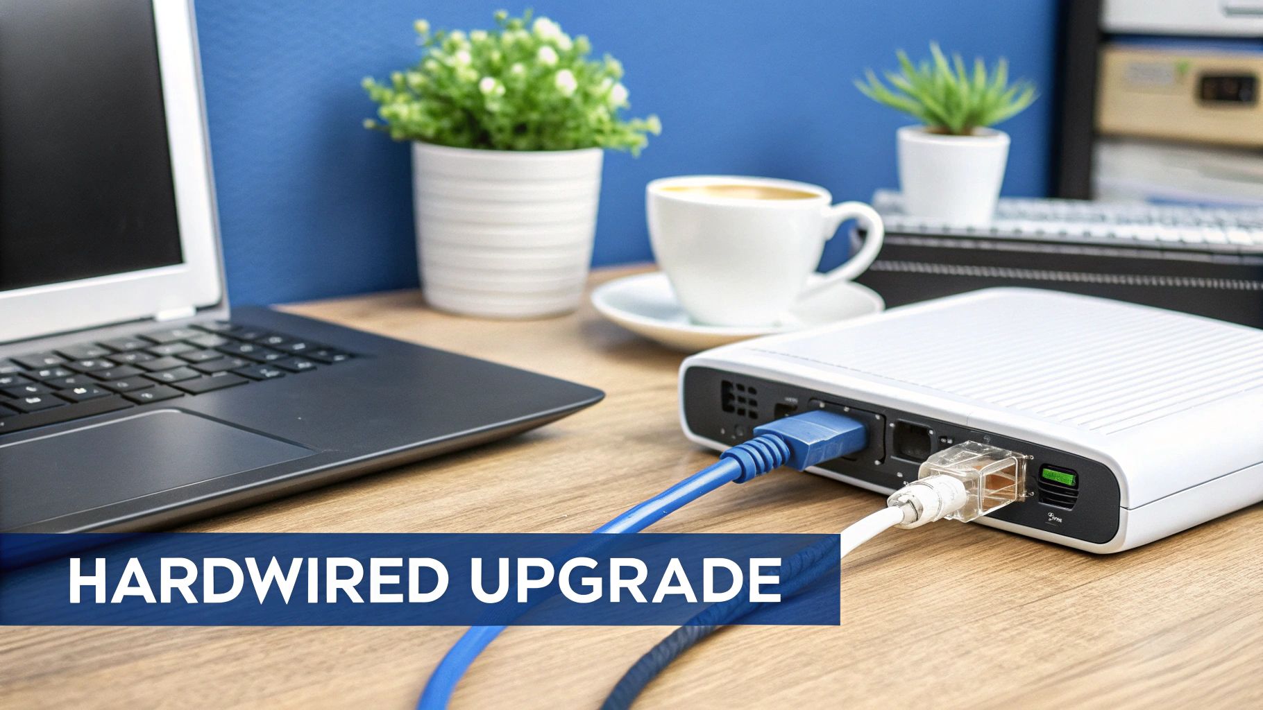 A professional data cable installer working on network infrastructure in an office setting.