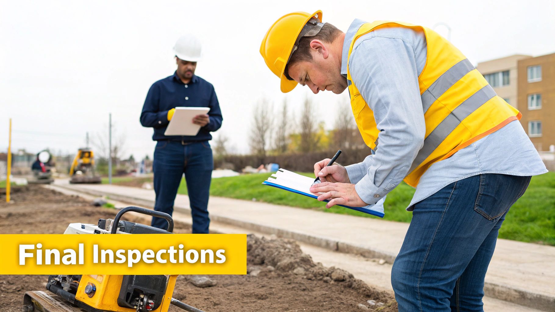 Two construction workers performing final inspections on a building site, one writing on a clipboard.