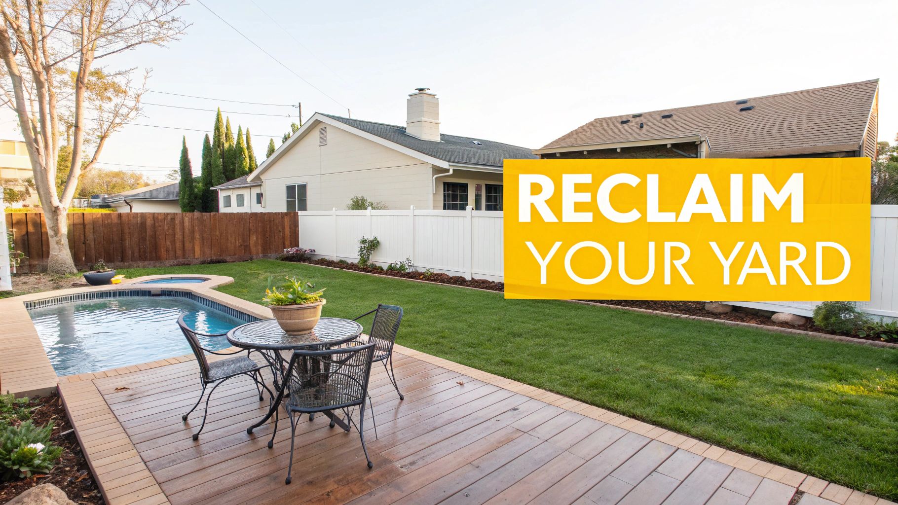 A sunny backyard with a pool, wooden deck, lawn, and a 'Reclaim Your Yard' banner.