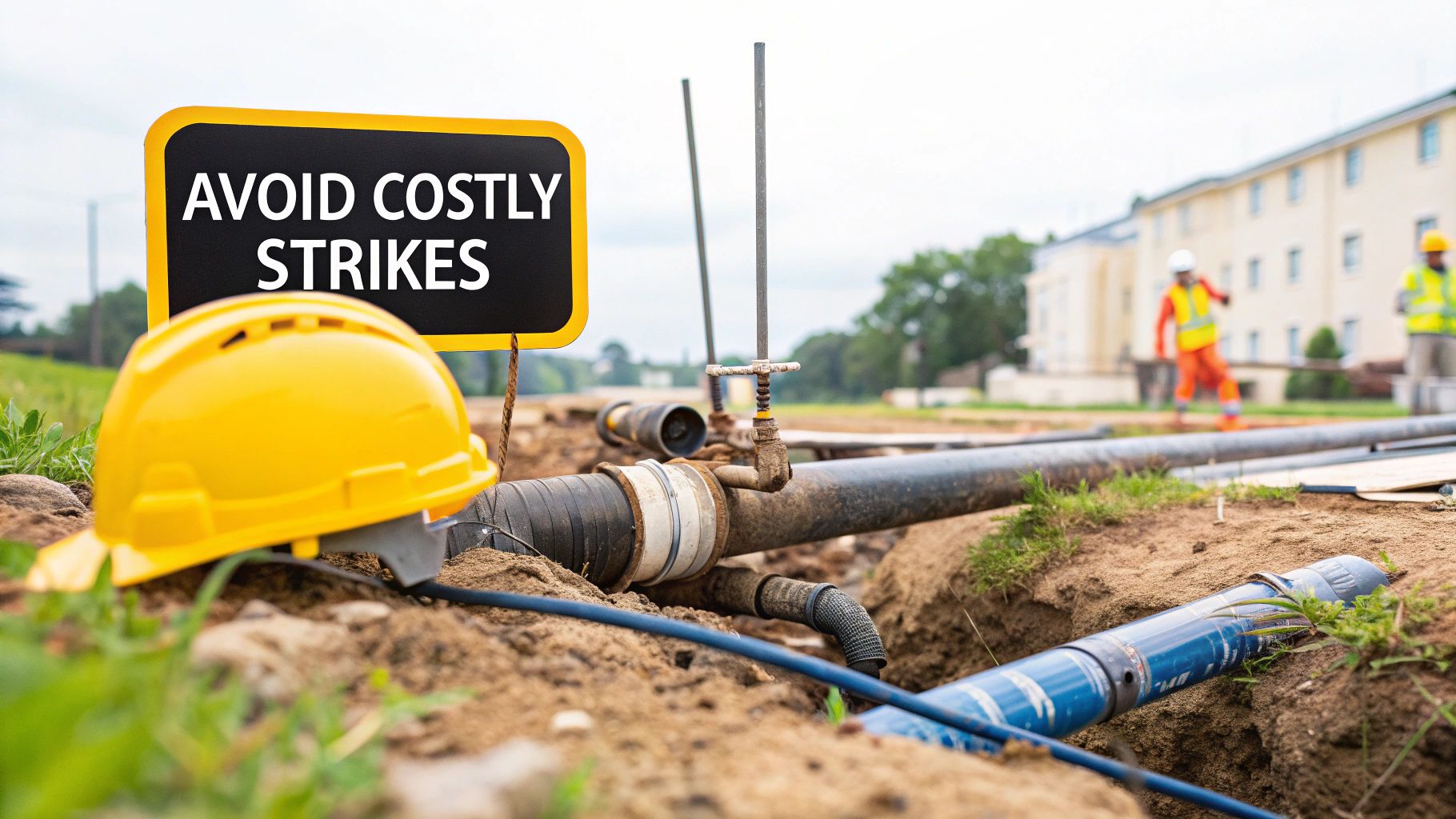 Construction site warning sign about avoiding costly utility strikes with hard hat and underground pipes