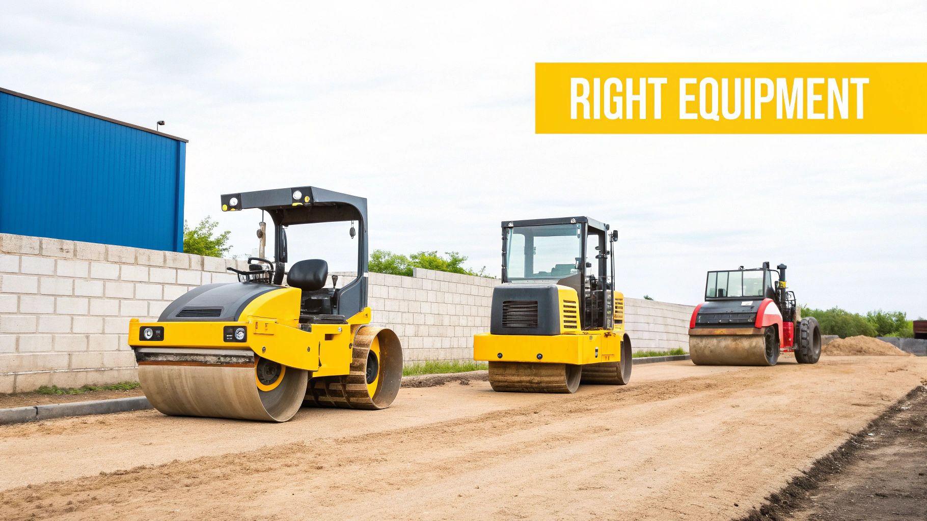 Three heavy yellow and red road rollers on a dirt road at a construction site under a cloudy sky.