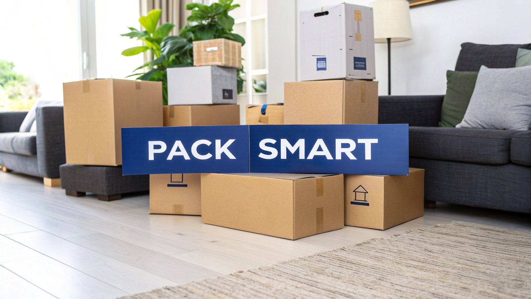 Cardboard moving boxes fill a bright living room, featuring a blue 'PACK SMART' sign.
