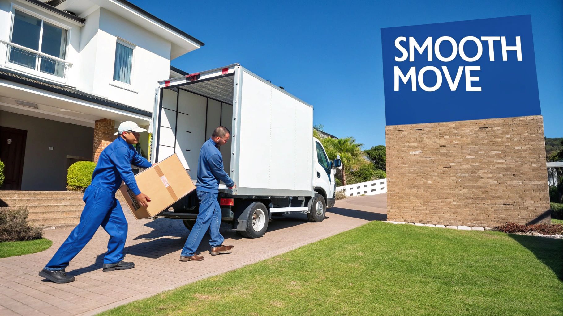Two professional movers load a white moving truck with boxes in front of a modern house.