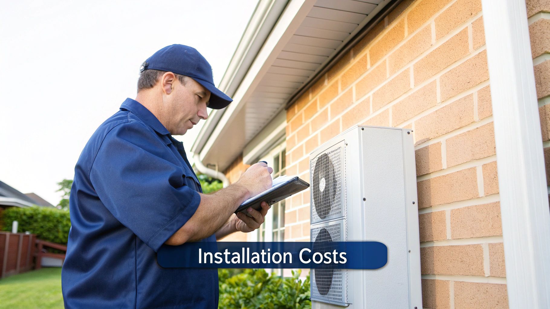A technician in a blue uniform inspecting an outdoor air conditioning unit by a brick wall.
