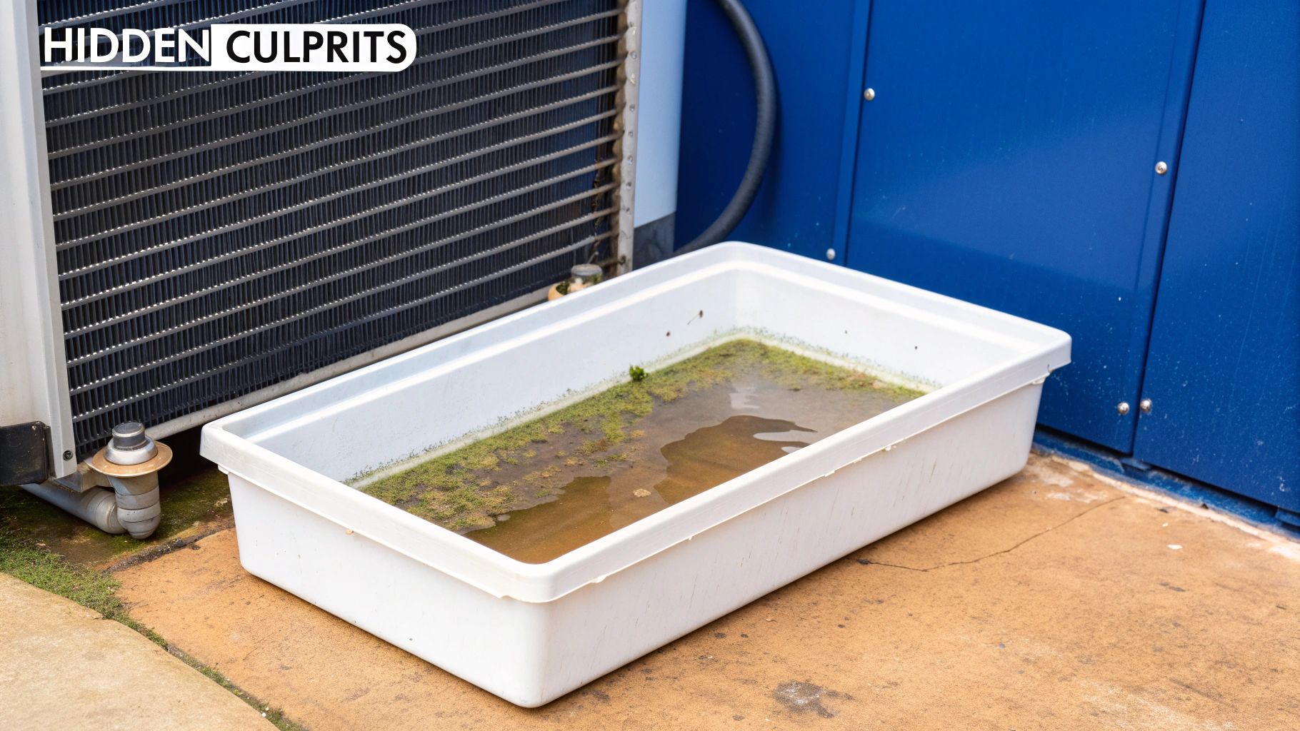 An outdoor air conditioner unit drips into a white tray of stagnant, algae-filled water, a potential breeding ground for pests.