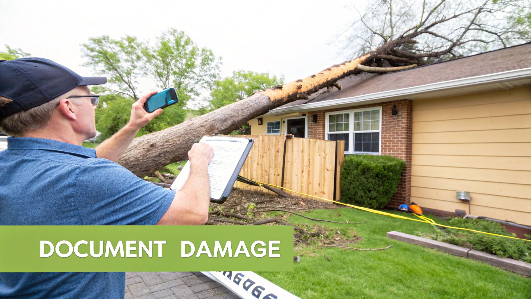 An insurance adjuster surveys a house roof damaged by a large fallen tree.