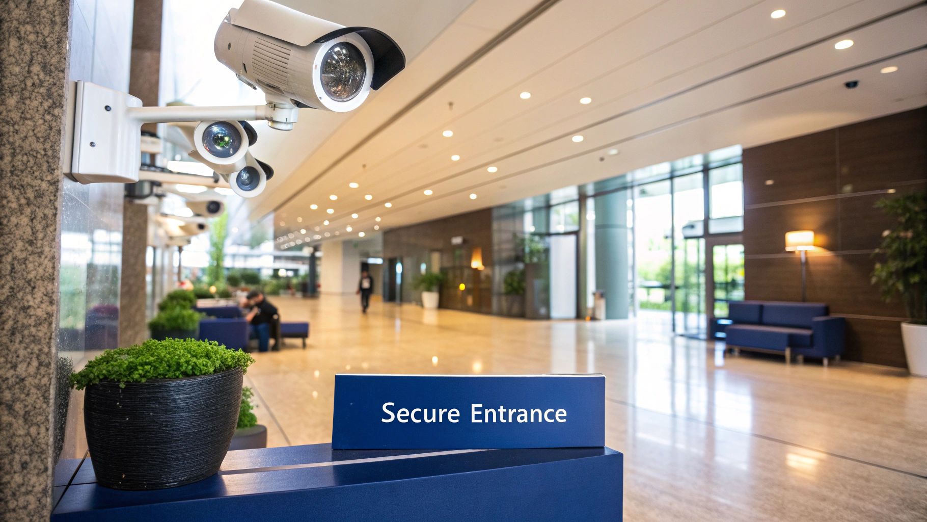 A modern, sleek security camera mounted on an office building wall, overlooking a clean entryway.
