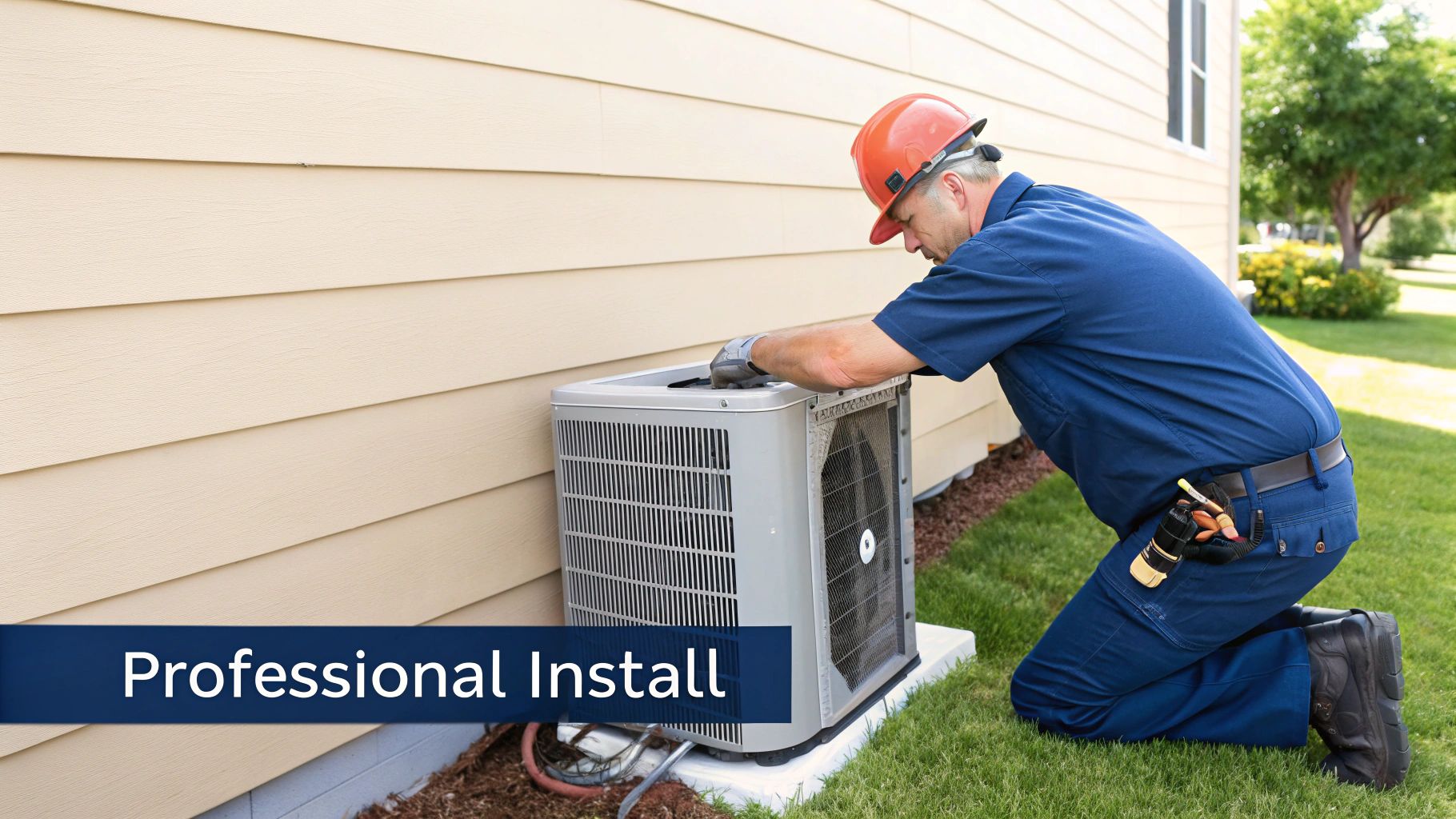 A professional HVAC technician kneels to install an outdoor air conditioning unit by a house.