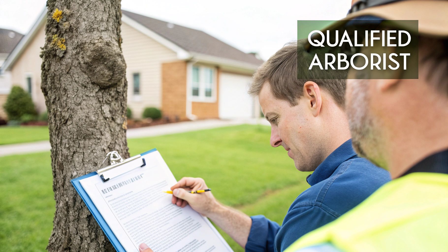 Two qualified arborists inspect a tree trunk near a residential house, one writing on a clipboard.