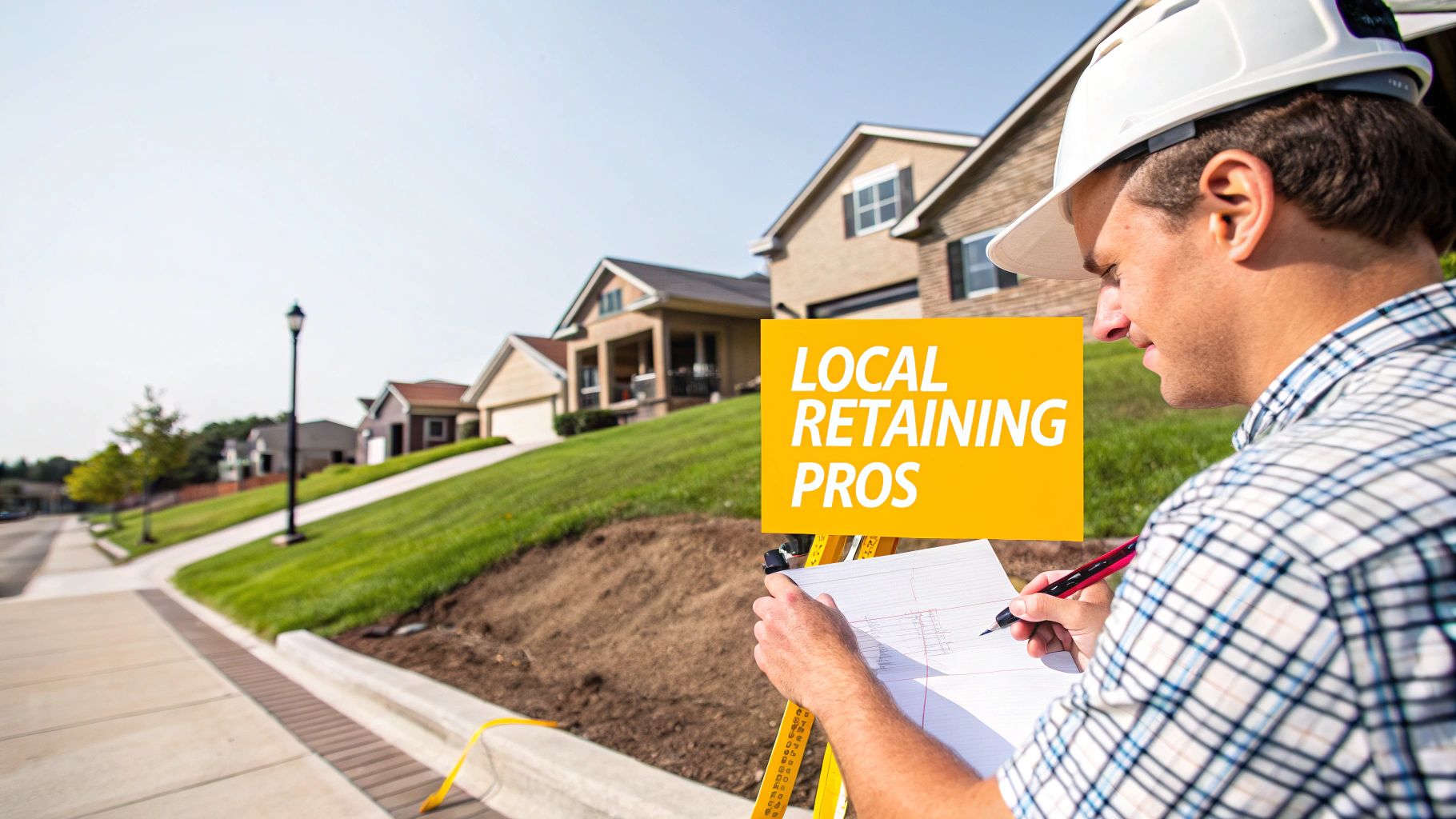 A newly constructed sandstone retaining wall with lush green grass on top, showcasing a professional installation.