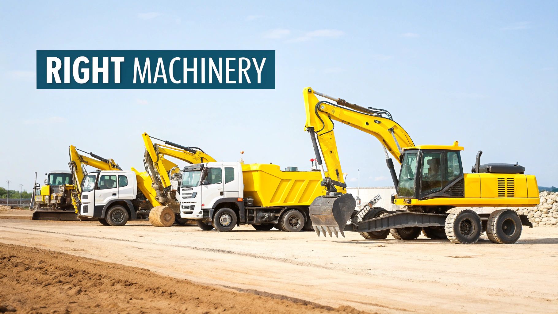 Several yellow excavators and dump trucks parked on a dirt construction site under a clear sky.