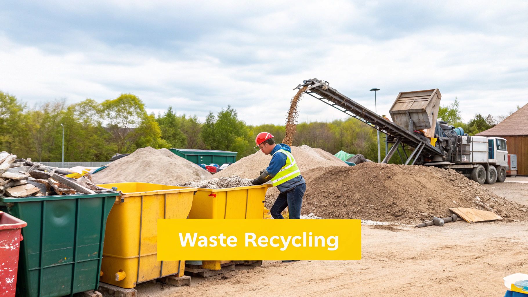 Recycling pile of concrete and bricks from a demolition site.