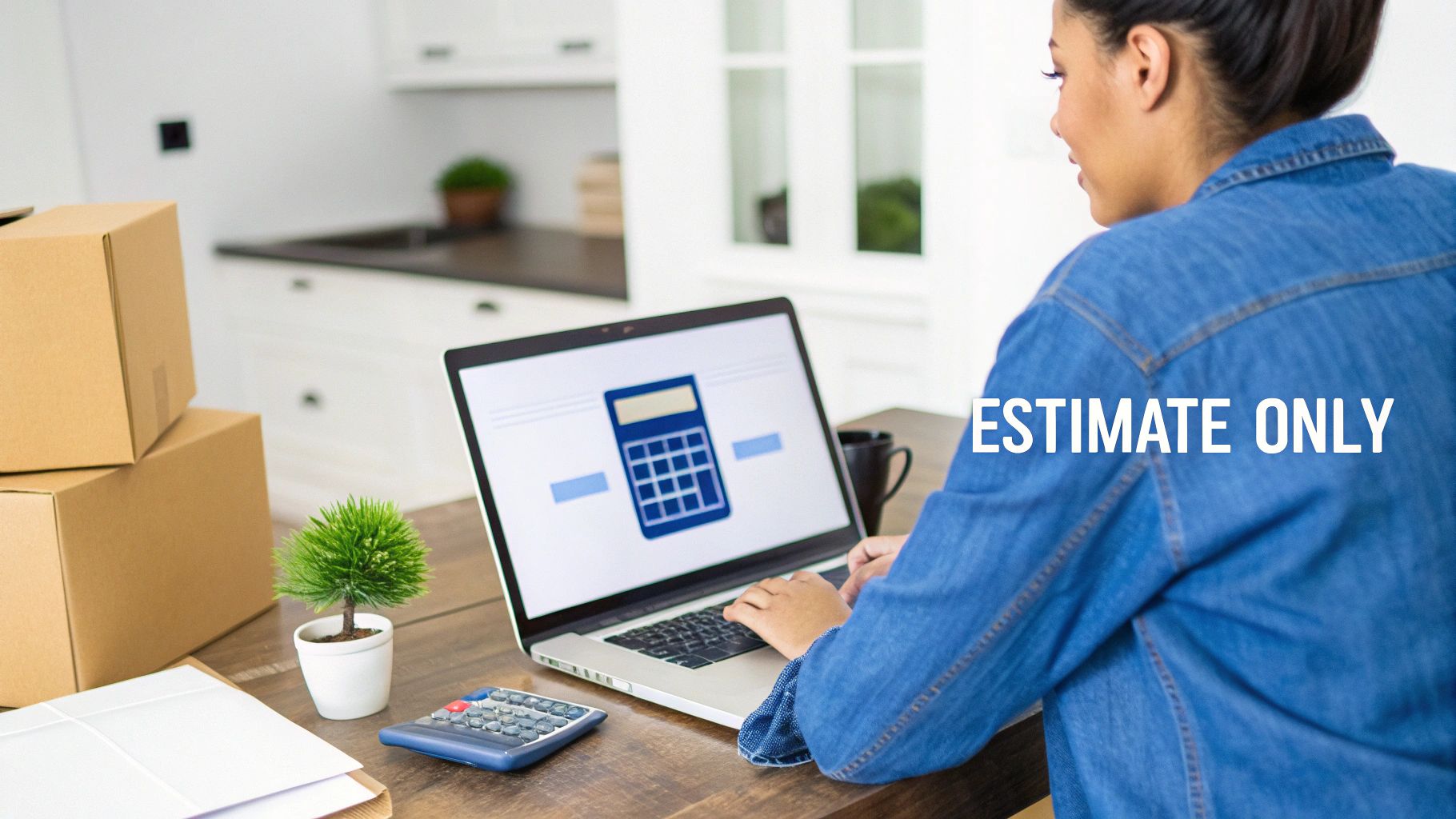 Woman calculating moving expenses on a laptop with a calculator icon, next to moving boxes.