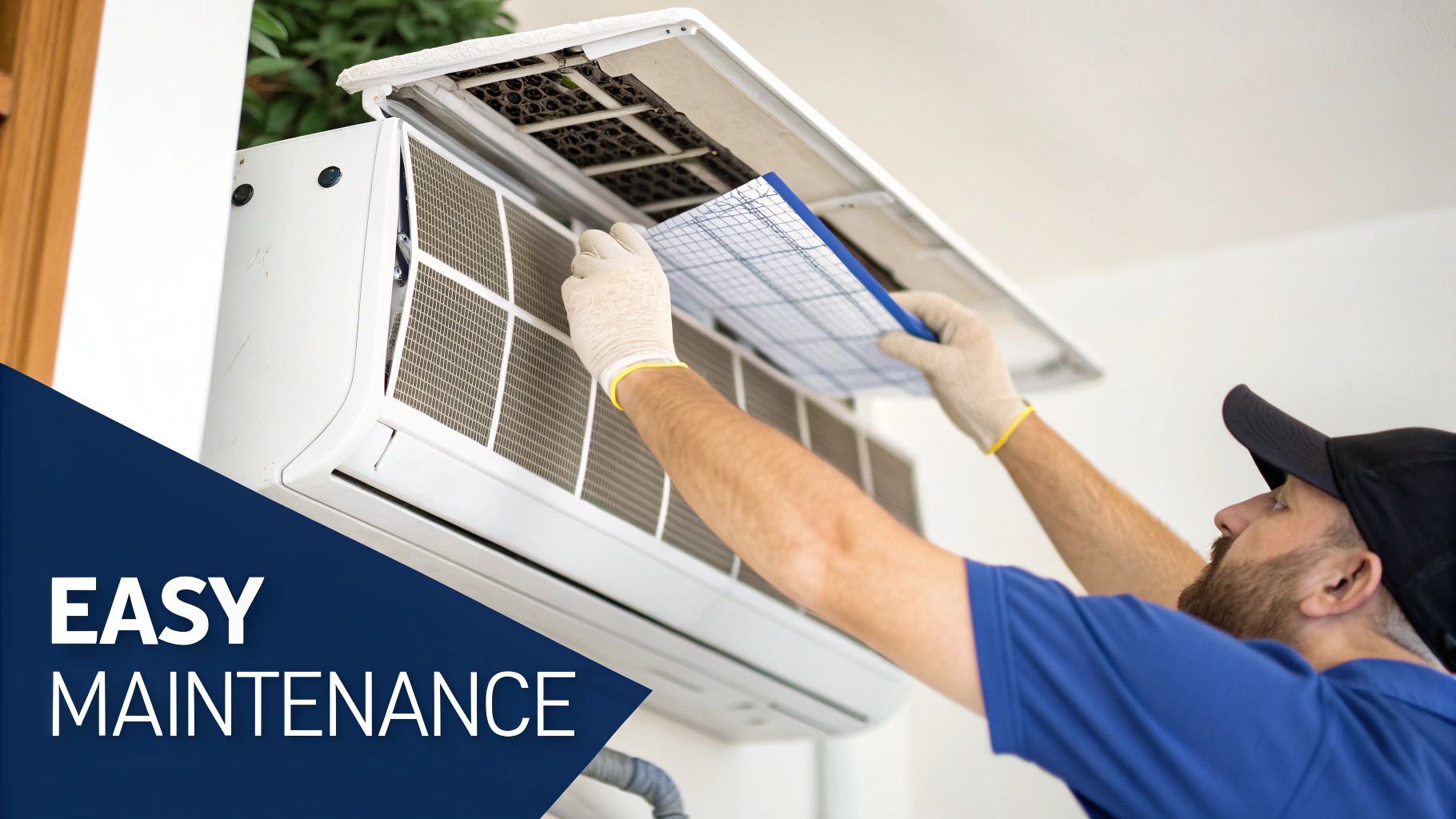 A man in work gloves cleans an air conditioning unit, removing a filter for easy maintenance.