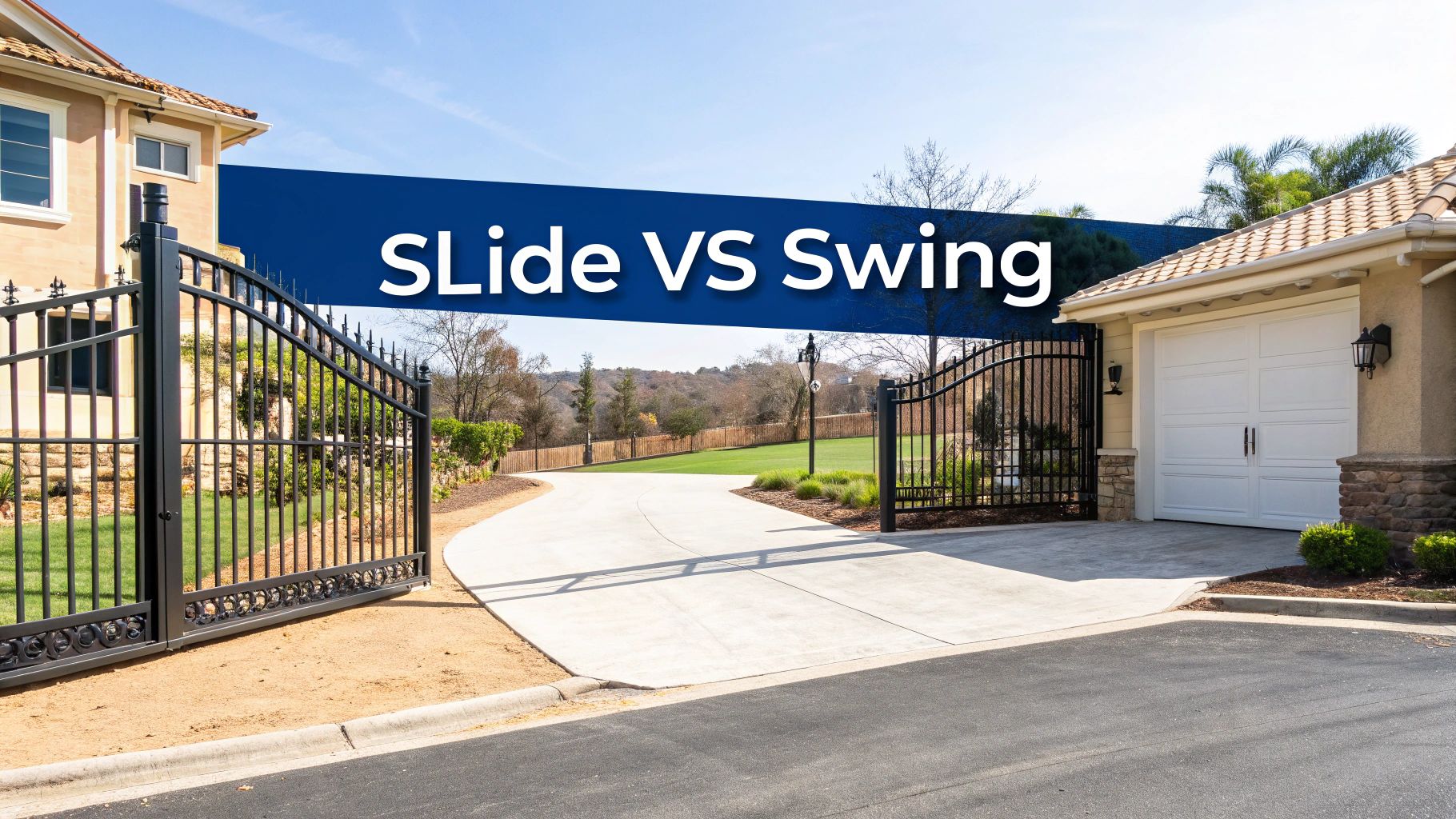 A modern black residential security gate slides open to reveal a landscaped driveway and home.