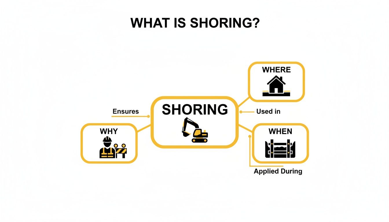 Mind map defining shoring, showing its purpose, where it's used in construction, and when it's applied.