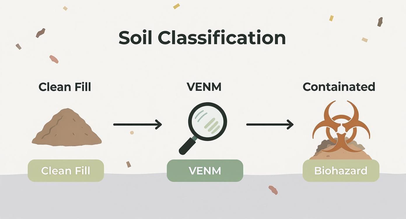 Diagram illustrating soil classification: clean fill, VENM, and contaminated biohazard soil.