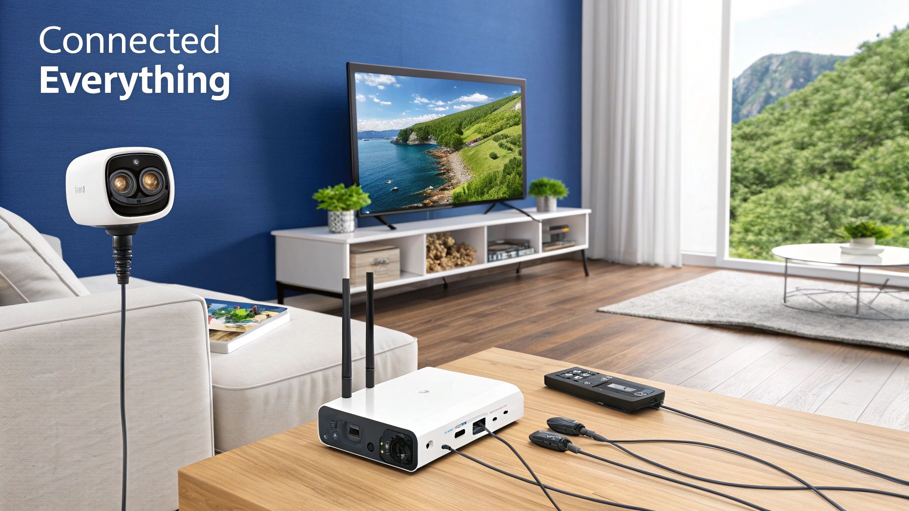 A modern living room showing a smart TV, speakers, and subtle smart lighting, all powered by a robust hidden data network.