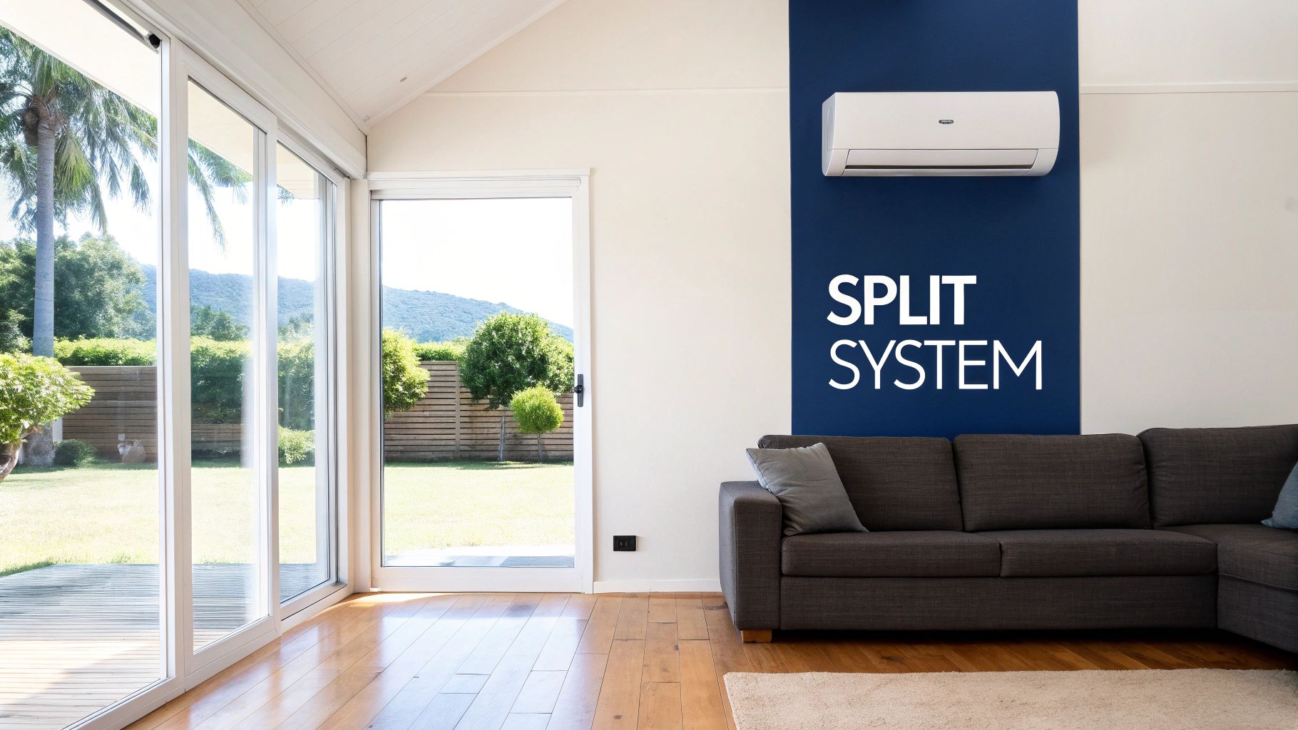 A modern indoor living area with a split system air conditioner, couch, and large windows.
