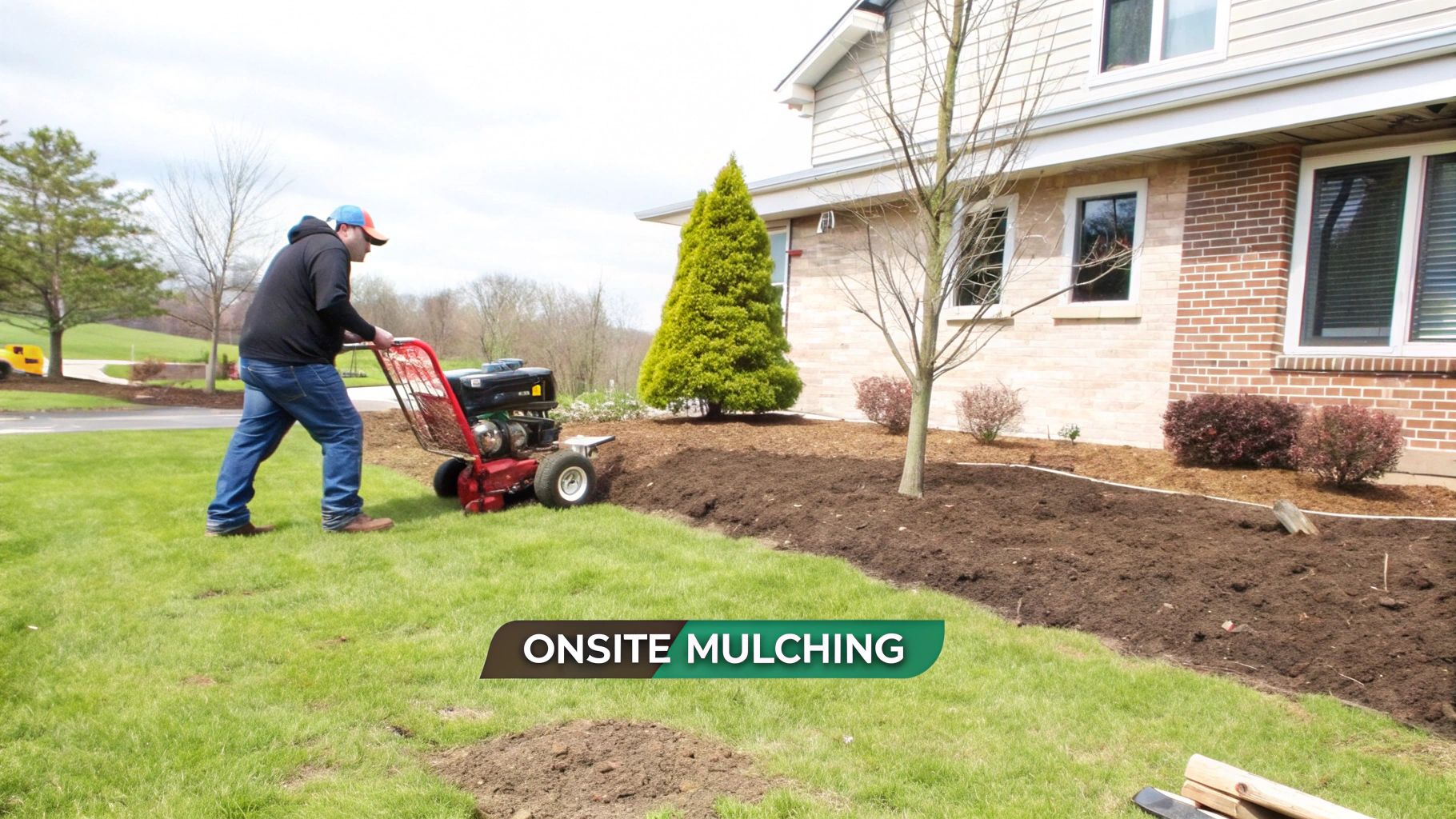 Man using a machine to spread mulch in a residential garden bed next to a house.