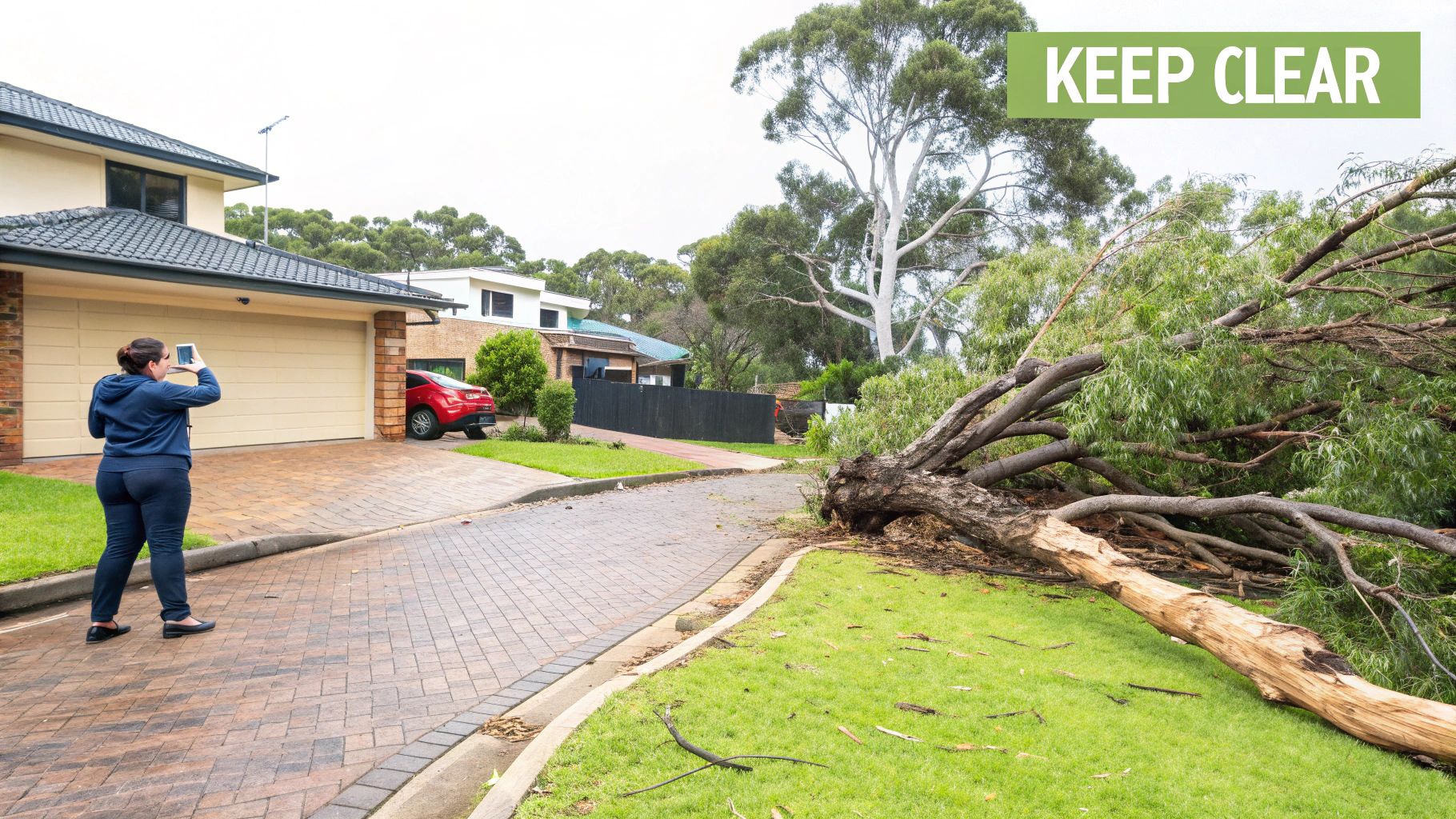 A woman takes a photo of a large tree that has fallen onto a suburban driveway and yard.