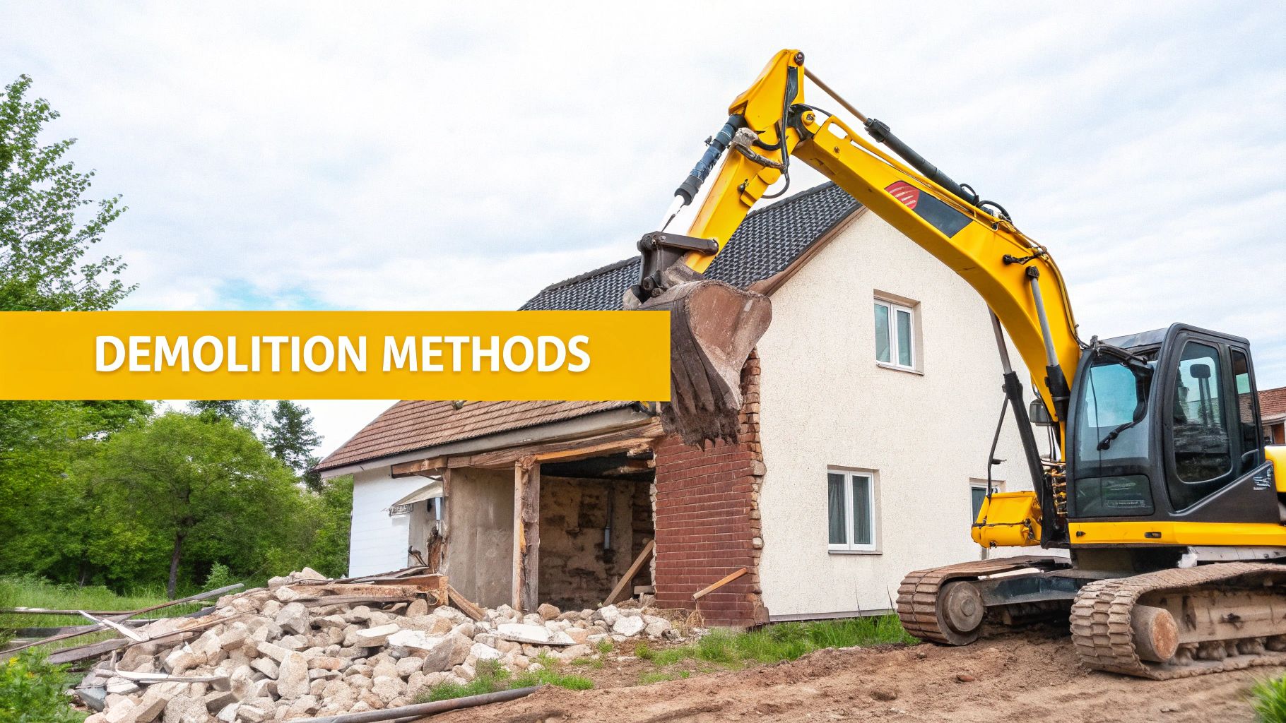 A yellow excavator actively demolishing a house, with debris scattered on the ground. A banner reads "DEMOLITION METHODS."